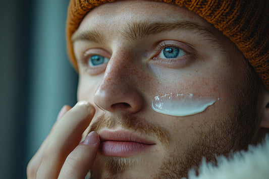 Bearded man wearing an orange beanie applies moisturiser to his face